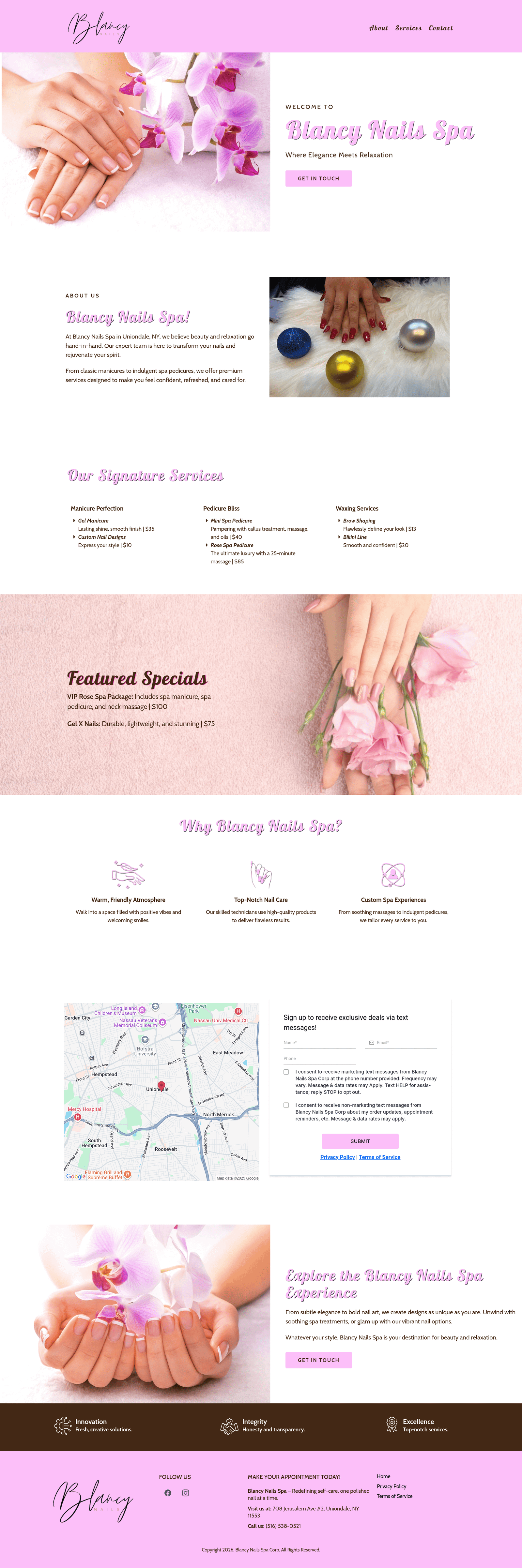 Blancy Nails website full page design, desktop view