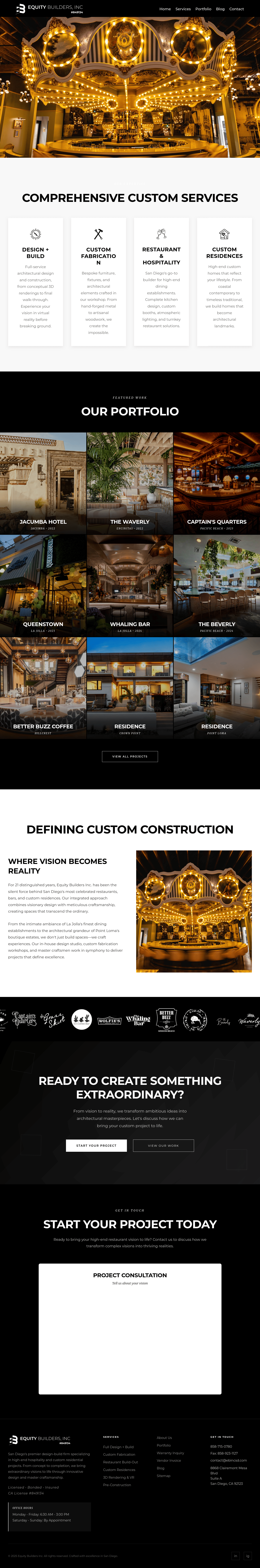 EQ Builders construction company website homepage designed by Hike Presence, desktop view