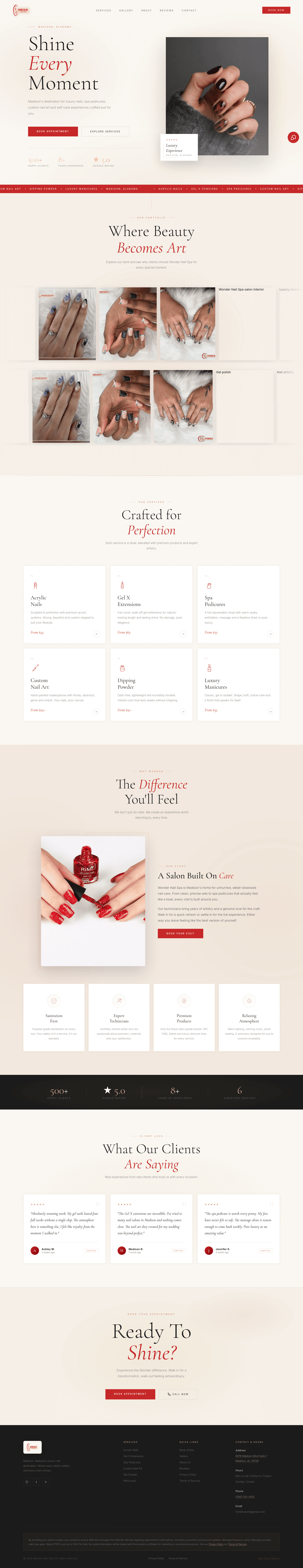 Wonder Nails salon website full page design, desktop view